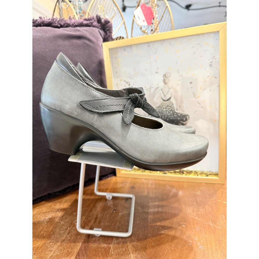 Naot Grey Leather Mary Jane Block Heel Pumps Knotted Strap Shoes Size 40